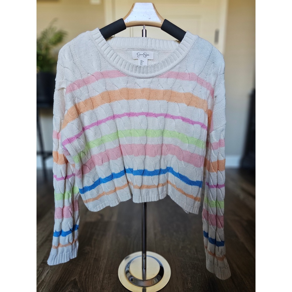 Jessica Simpson Womens Rainbow Stripe Cable Knit Cropped Sweater Cream Large